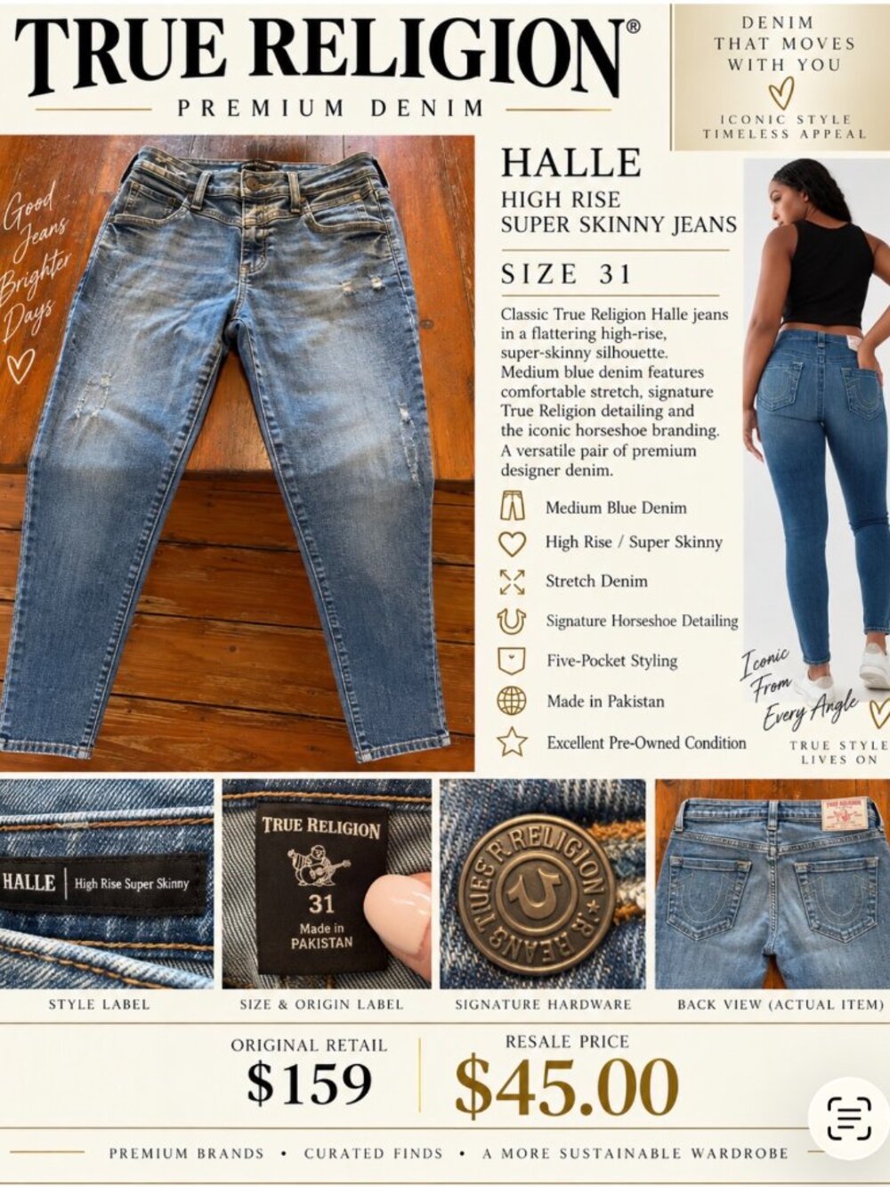 True Religion “Halle” High Rise Super Skinny Jeans – Size 31